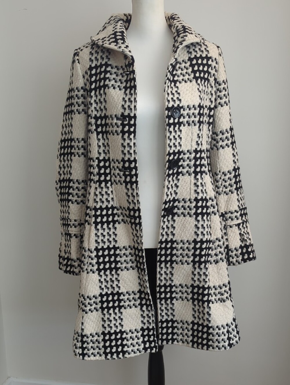 Via Spiga Vintage Monochrome Plaid Flared Skirt Bell Sleeve Winter Peacoat - Picture 10 of 13